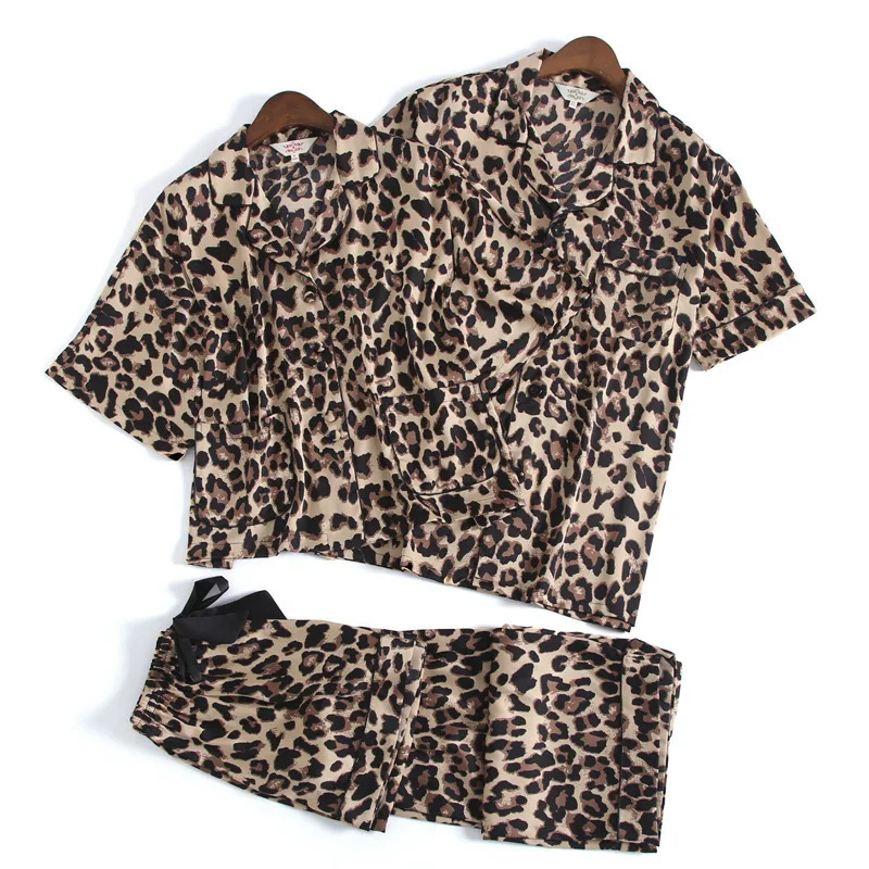 

New Sexy Leopard Print Couple Pajamas Ice Silk Large Size Men's Home Service Short-sleeved Shorts Suit Thin Section