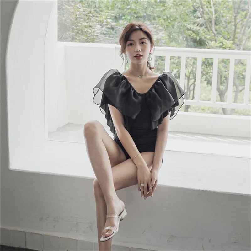 Sexy Swimsuit Women One Piece Women's Swimming Suit Ruffle Monokini Swimwear Black Lace Bathing 2020 Korean Gilrs Bodysuit Beach | Спорт и