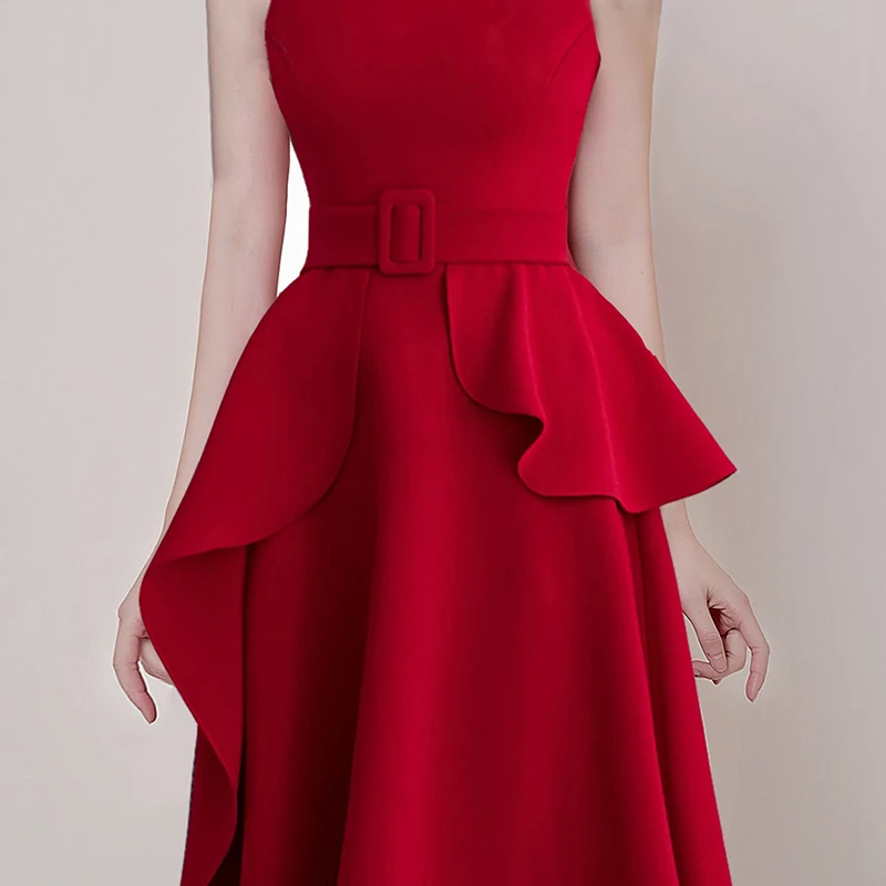 

LUKAXSIKAX 2020 New Summer Women Sleeveless Dress High Quality Fashion Ruffles Red Long Dress Big Hem Slim Elegant Dress