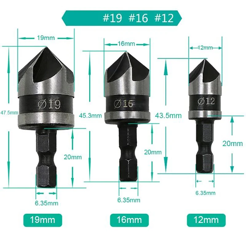 

3pcs/set 90 Degree 1/4 Hex Shank Drill Bit 5 Flute 12mm 16mm 19mm Woodworking Chamfer Counter Sink Chamfering Debur Countersink