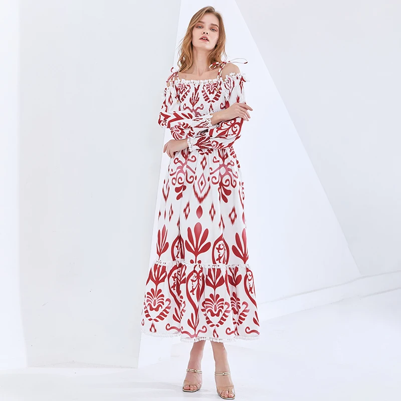 

Hit Color Dresses Slash Neck Long Sleeve High Waist Female Vintage Print Women's Dress Fashion New Clothing