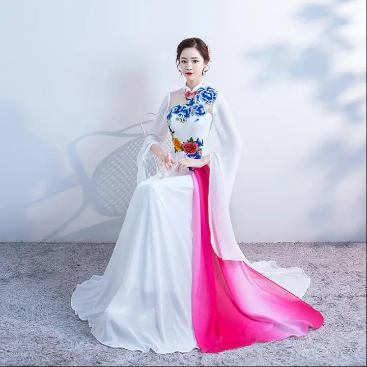 Traditional Chinese Oriental Dresses  Improved Vintage Cheongsam Long Stage Dress Host Chipao