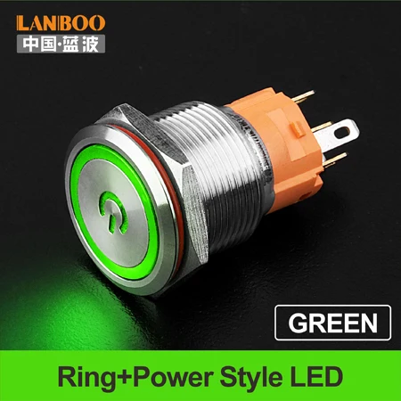 Green LED Power LANBOO 19 мм плоский символ Led освещенный мгновенный или самоблокирующийся металлический кнопочный переключатель с IP65 - Цвет: Green LED Power