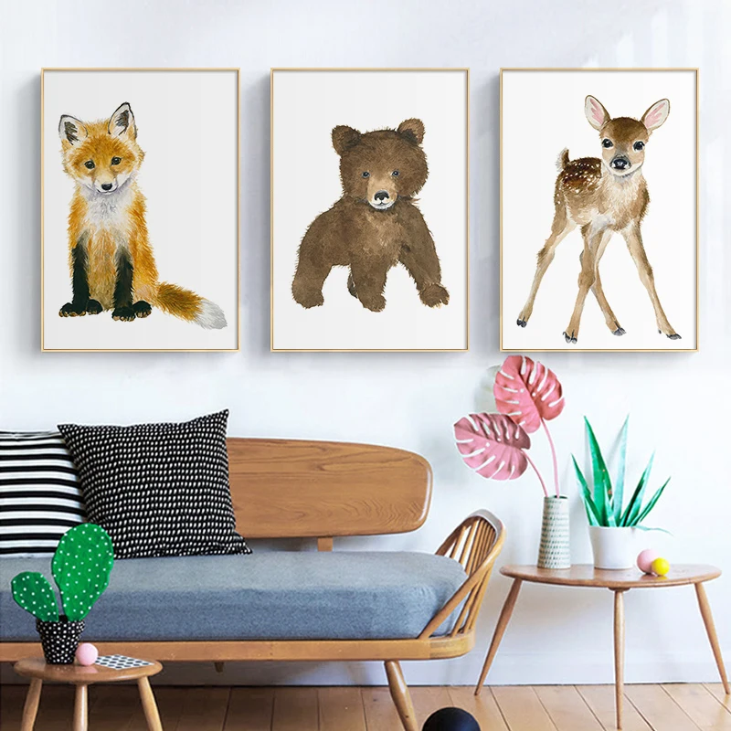Настенный плакат в скандинавском стиле с изображением акварельных животных