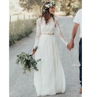 robe de mari%c3%a9e 2021 new o neck long sleeves two piece wedding dresses lace bohemian summer white bride vestidos de novia