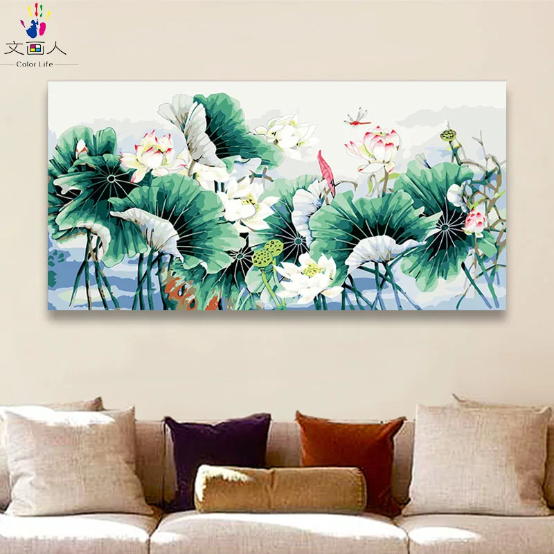 

DIY Paint By Numbers Lotus pond scenery Lotus leaf horizontal pictures Paintings draw by numbers art paint for modern hoom decor