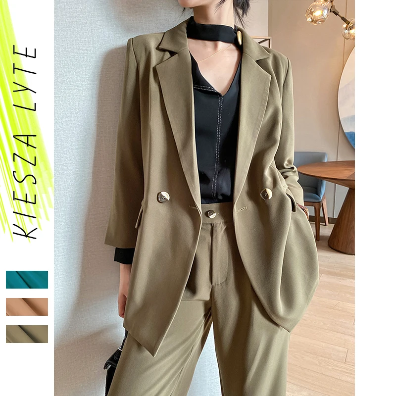 

Модные женские костюмы с блейзером, комплект из 2 предметов, офисный женский пиджак и брюки, осень 2020, женский зеленый синий верблюжий компле...