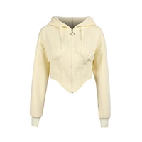women autumn tight hoodie solid color hooded long sleeves full zip up crop tops for girls beigeblack
