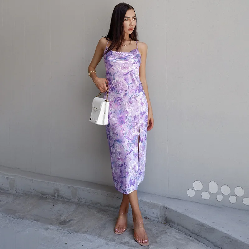 

Flower Print Female Sexy Sling Dress Spaghetti Strap Formal Dress Women Summer 2021 Backless Ladies Slit Party Night Dresses