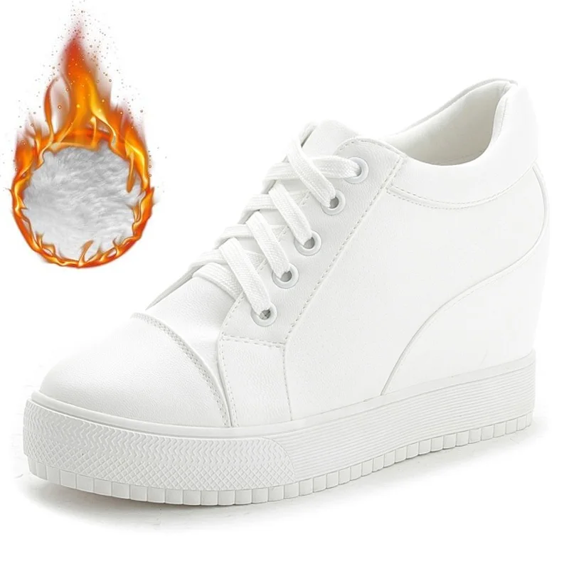 short plush white WDZKN весна женская обувь, на платформе, на платформе, высоком каблуке Женская обувь на высоком каблуке черный, белый цвет Скрытая каблуки; обувь, увеличивающая рост; женская повседневная обувь - Цвет: short plush white