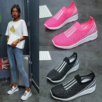 large size womens shoes breathable knitted rhinestone flat sneakers women casual single shoes