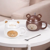 cartoon embossed bear ceramic coffee mug with lid water tea cup cute mug office home women girls boys gift