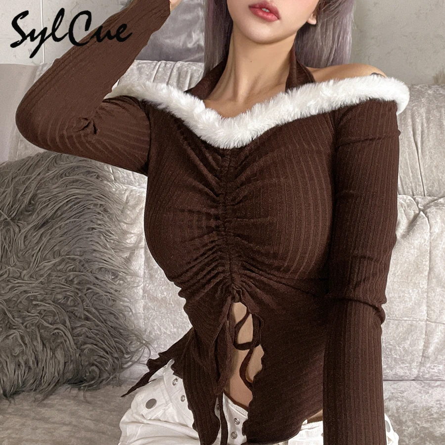 

Sylcue Mature Feminine Commuting Street Comfort Elastic Halter Neckline Drawstring Waist Women's Short Knit Sweater Top