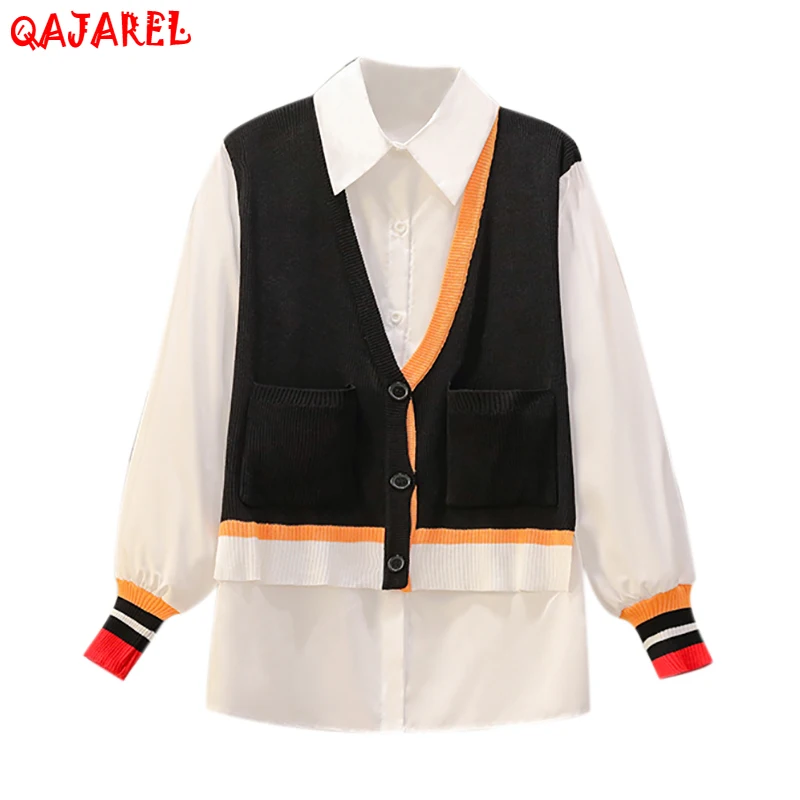 

2022 White Patchwork Fake Two Piece Cardigan Autumn Winter Korean Vintage Knitted Cotton Top Sweaters Women Elegant Coat Sweater