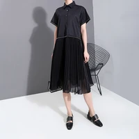 new fashion woman summer korean style black pleated shirt dress chiffon patchwork lapel ladies cute casual midi dress robe
