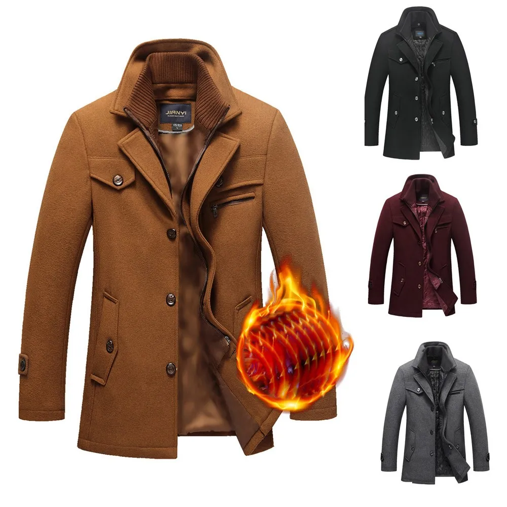 

Мужские зимние деловые куртки, утепленное теплое шерстяное пальто, однотонное деловое повседневное пальто, пальто средней длины, шерстяное...