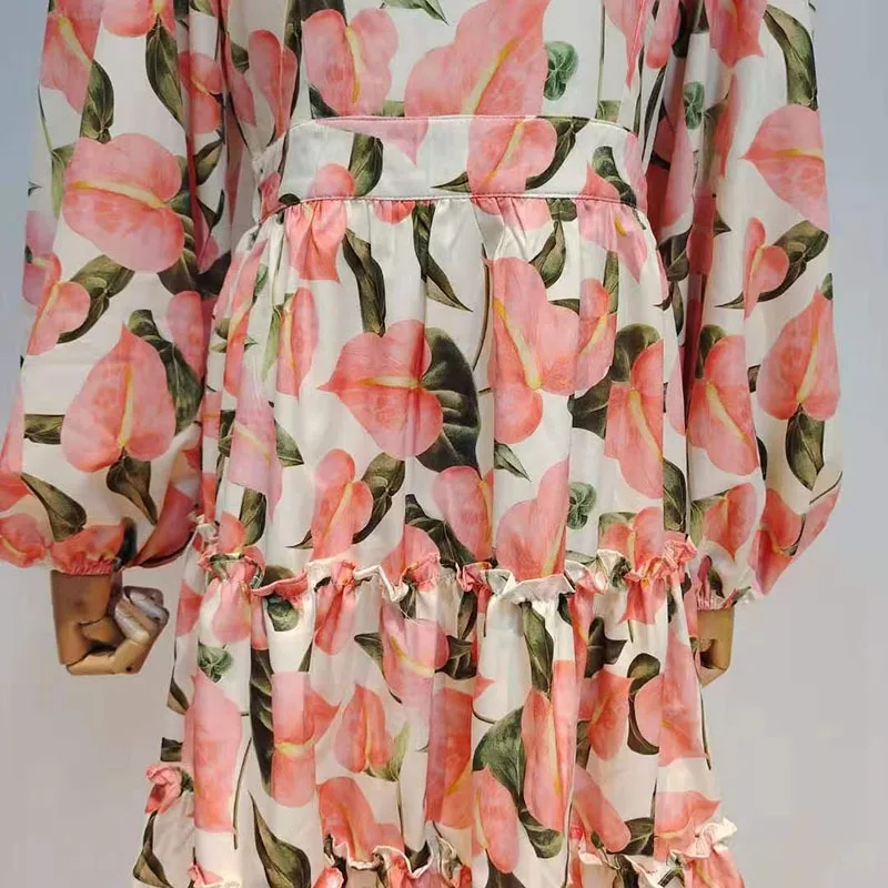 

VGH Vintage Print Floral Dress For Women Square Collar Lantern Long Sleeve High Waist Hit Color Midi Dresses Female 2021 Fashion