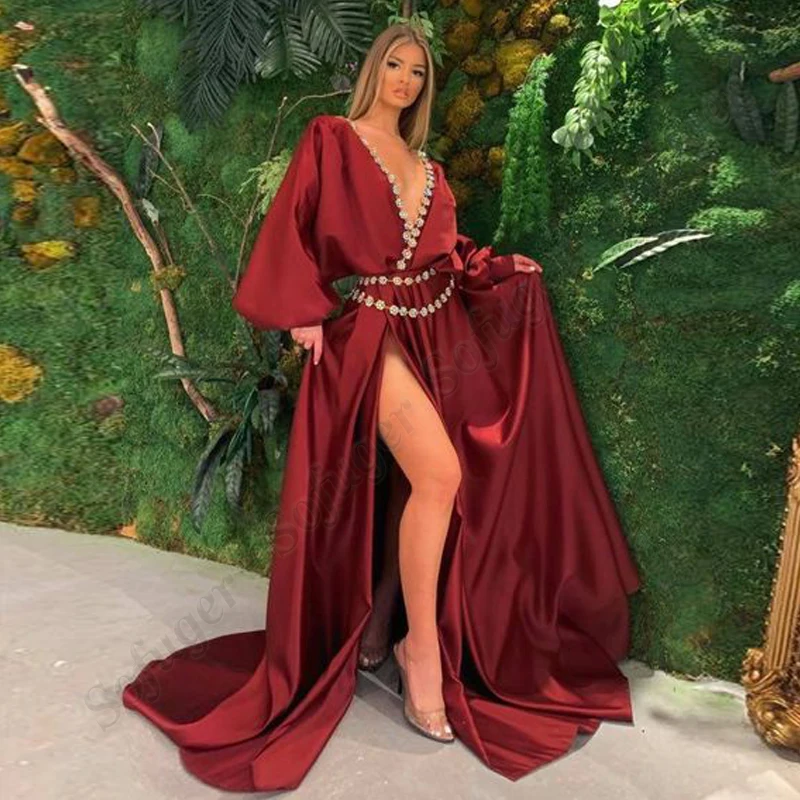 

Burgundy Satin Puff Sleeves Evening Dress Prom Slit Robe De Soiree Women Engagement Celebrity Vestidos Fiesta Custom Made