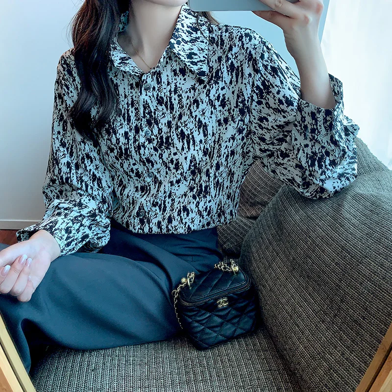 

Женская рубашка с длинным рукавом, свободная однобортная рубашка с квадратным вырезом и черным цветком брокколи, осень 2021