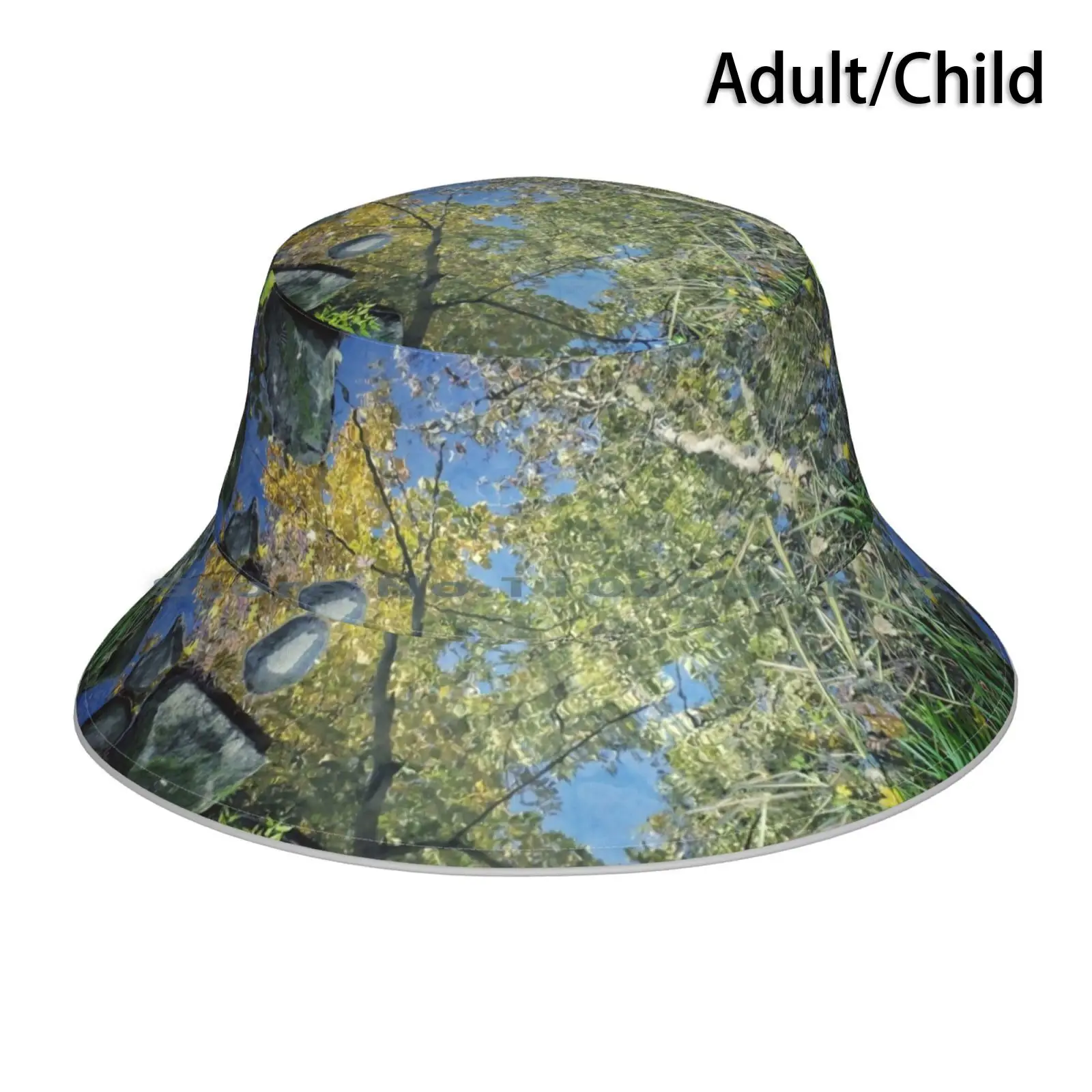 

Looking Glass Bucket Hat Sun Cap Color Nature Reflection Stream River Pond Water Trees Grass Sky Clouds Blue Green Rocks Sweden