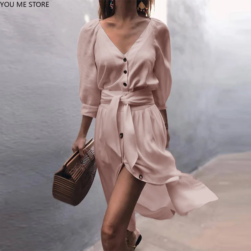 

New Women Casual Solid Loose Dress Spring Button V Neck Solid Party Dresses Elegant Half Sleeve Split Dress With Belt Vestido