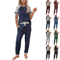 two piece sets new women topspant tracksuit striped patchwork o neck short sleeve loose t shirts with long pants harem trousers
