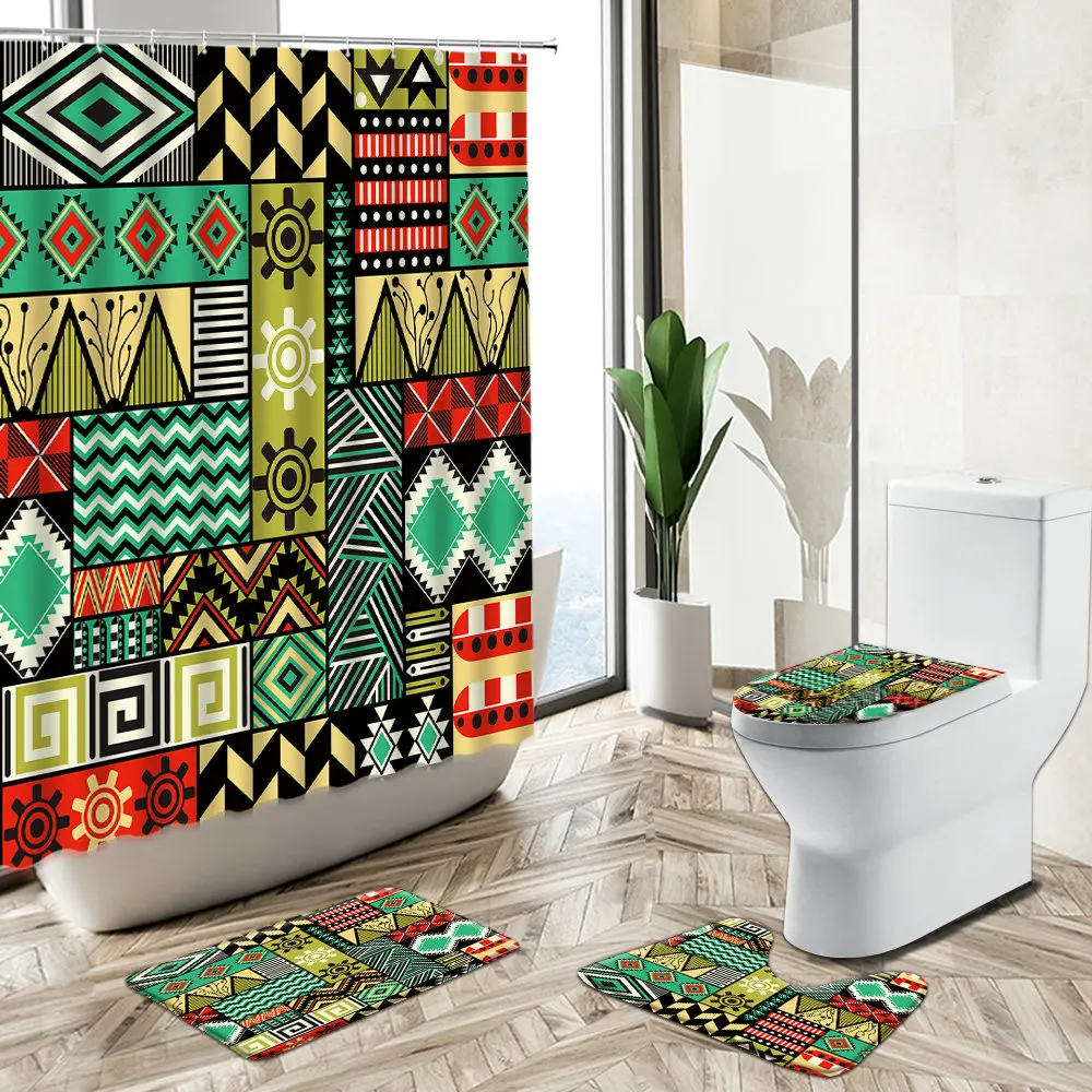 

Bohemian Geometric Print Bathroom Shower Curtain Set Retro Folk Style Home Decor Non-Slip Rug Toilet Lid Cover Flannel Bath Mat