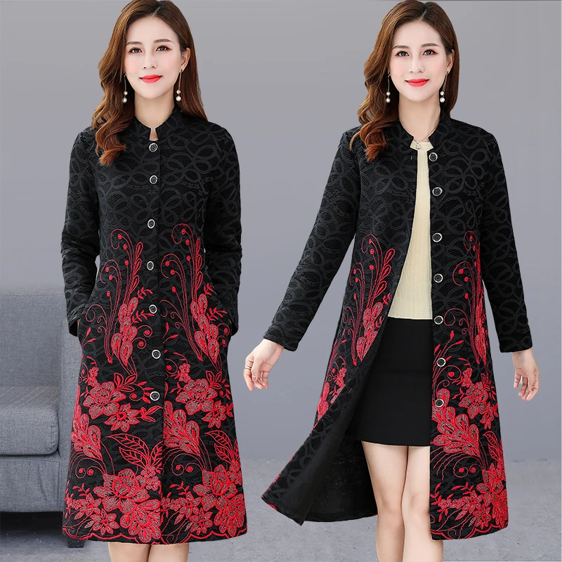 Женская Длинная Элегантная верхняя одежда с цветочной вышивкой женский