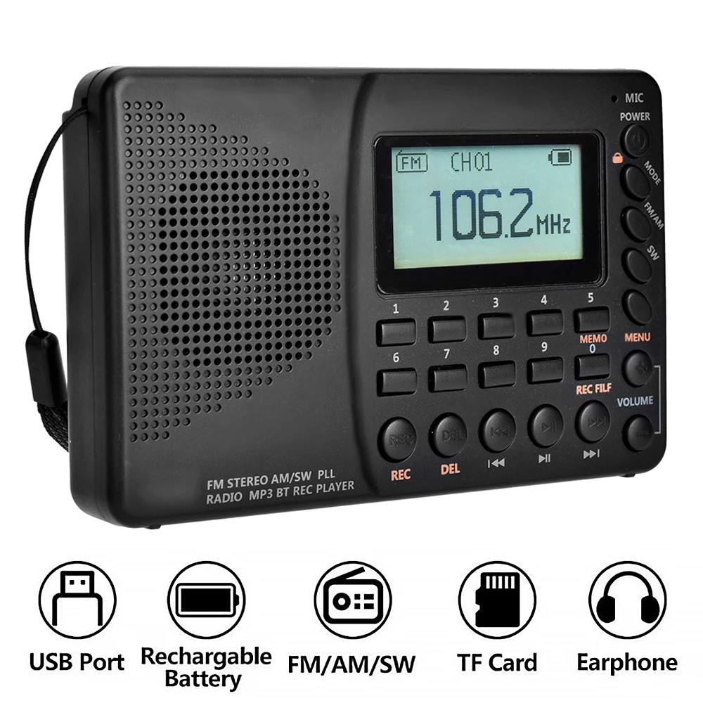 

K-603 Full Band Radio Bluetooth FM AM SW Portable Pocket Radios MP3 Digital REC Recorder Support Micro SD TF Card Sleep Timer