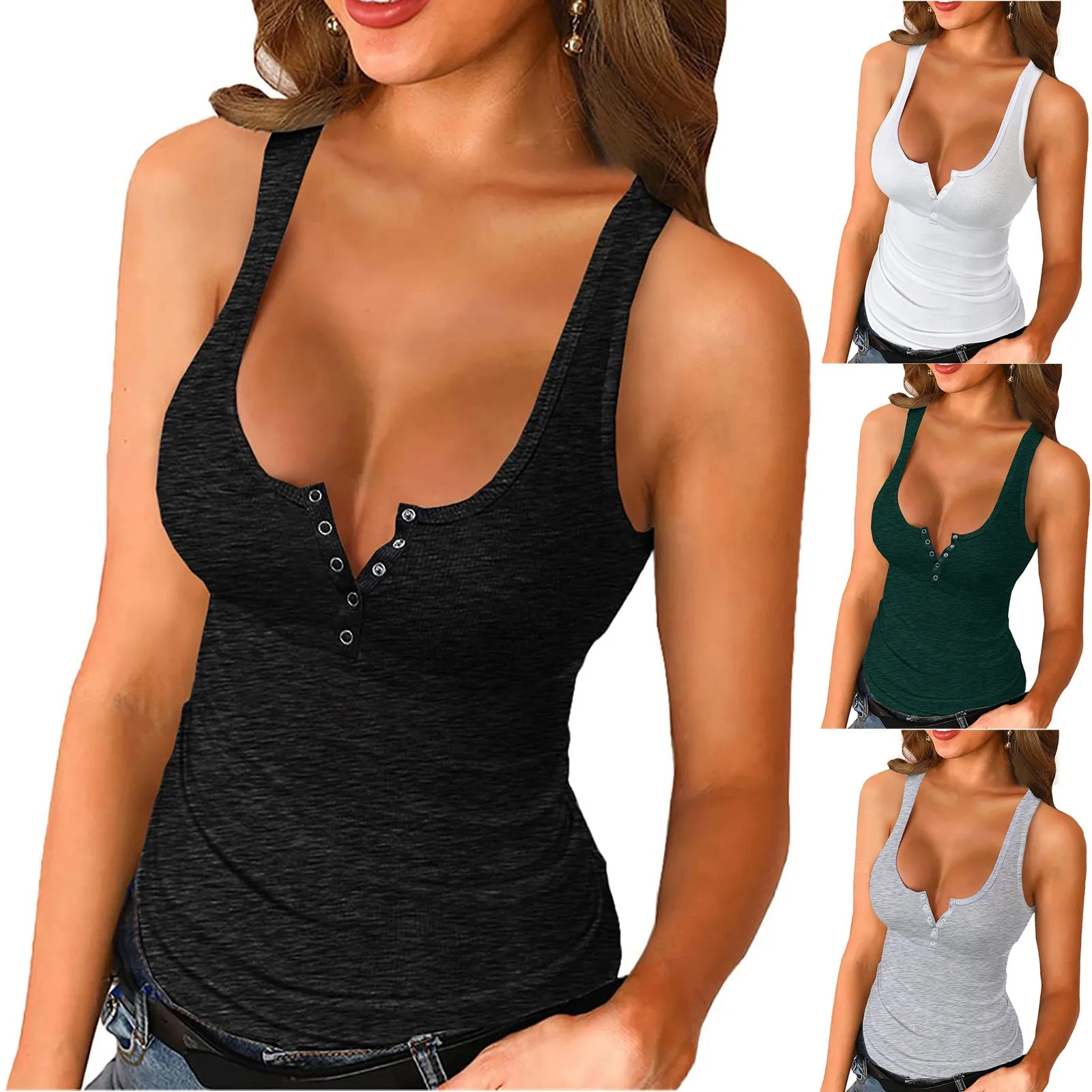 

Womens Tank Tops Basic Sexy Summer Sleeveless Shirts Button Down Tank Tops Summer Clothes For Women Streetwear Cotton Tops 2021