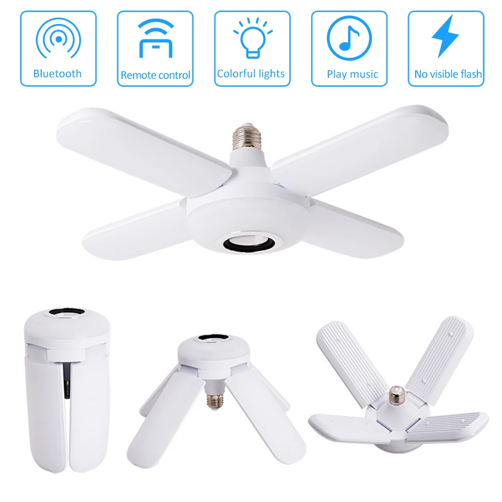 

Colorful Bluetooth Music Light RGB Four Leaves Fan Shaped 50W E27 LED Bulb With Remote Control Foldable Bulb Smart Speaker Lamp