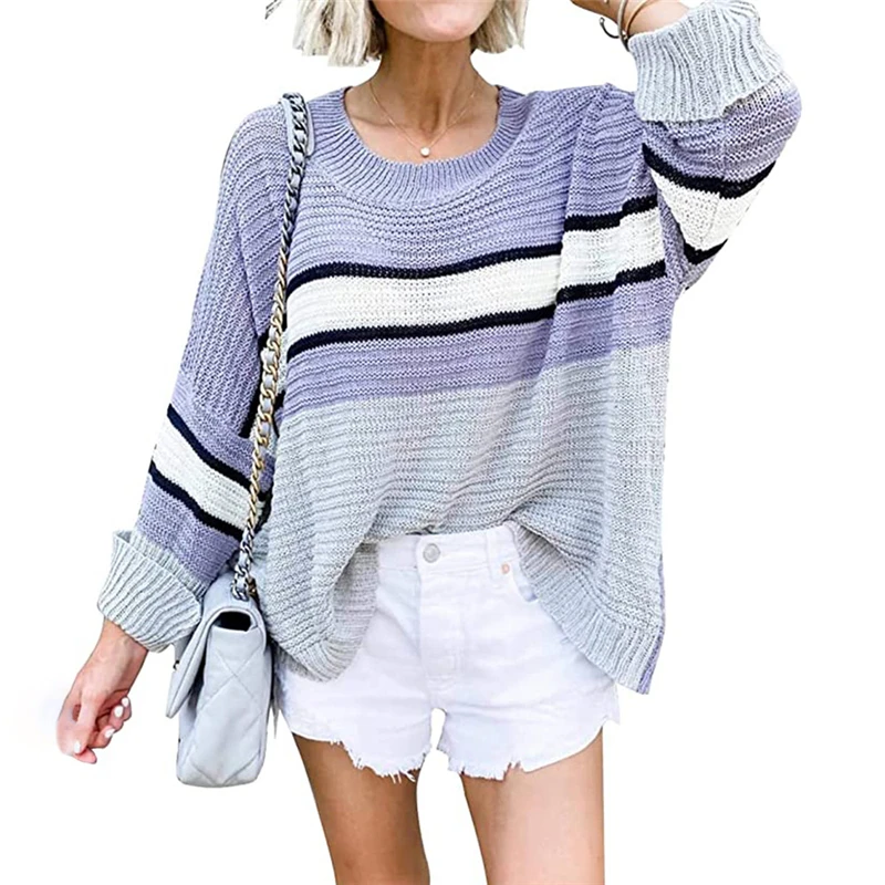 

Autumn winter new women's knitted sweater contrast color pullover college wind roll sleeves striped stitching sweater MY19076