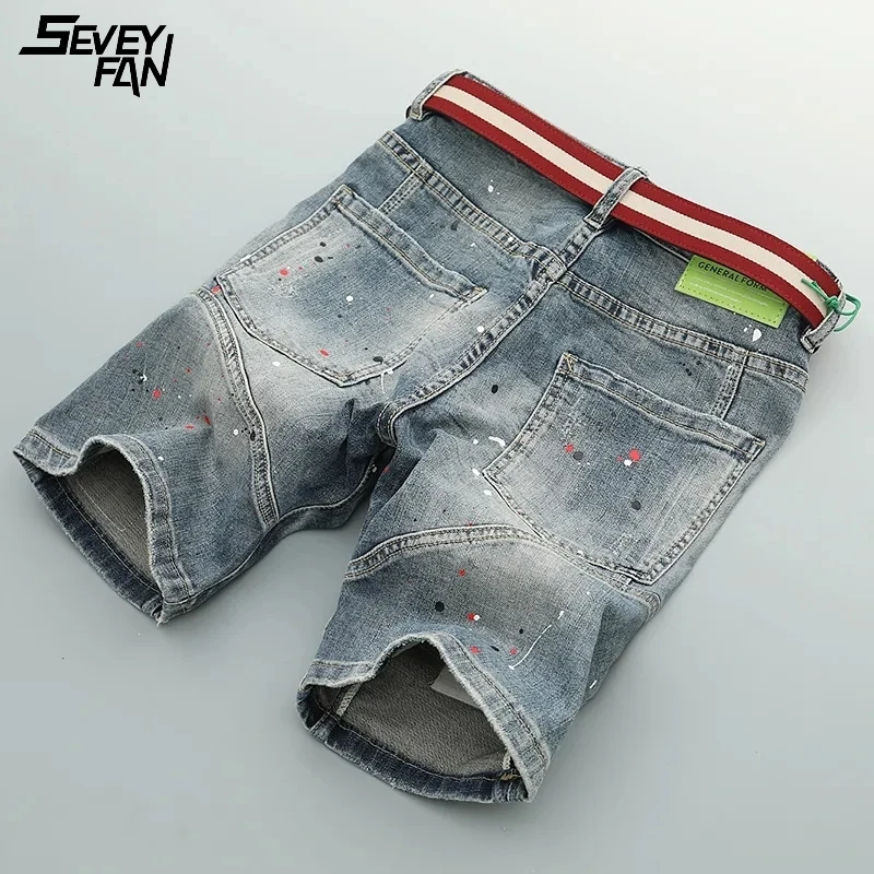 

Fashion Ripped Denim Shorts Men Patchwork Streetwear Hip Hop Blue Hole Jeans Short Printed Summer Loose Casual Short Jean Pants