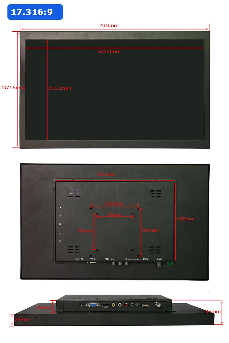 Новые 17,3 дюймов HDMI HD ЖК-дисплей металла монитор cctv монитор с HDMI/BNC/VGA/AV/USB интерфейс