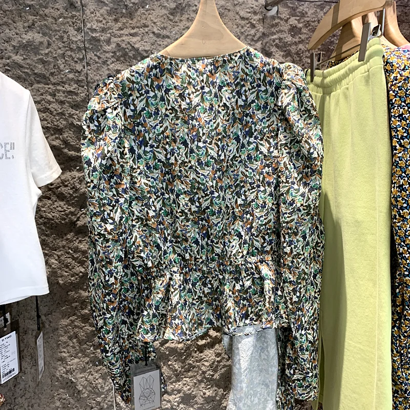 

Early Spring Fashionable Floral Chiffon Shirt Women's Clothing 2021 New V-neck All-Match Puff Sleeve Western Style Ribbon Top