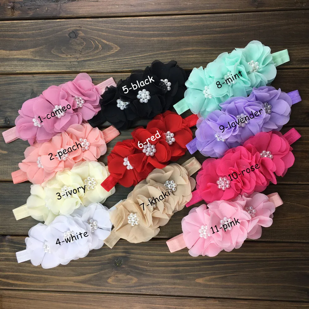 

20 pcs/lot, 7-8 cm Handmade chiffon pearl flower with headband combination headband hair fashion accessories 11 colors