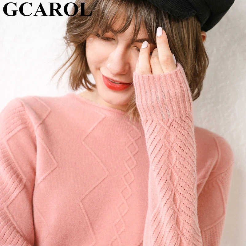 Розовый GCAROL New Women O Neck Curled Rhombic Sweater Fall Winter 30% Wool Cashmere Thick Jumper Stretch Warm OL Knitted Pullover S-3XL - Цвет: Розовый