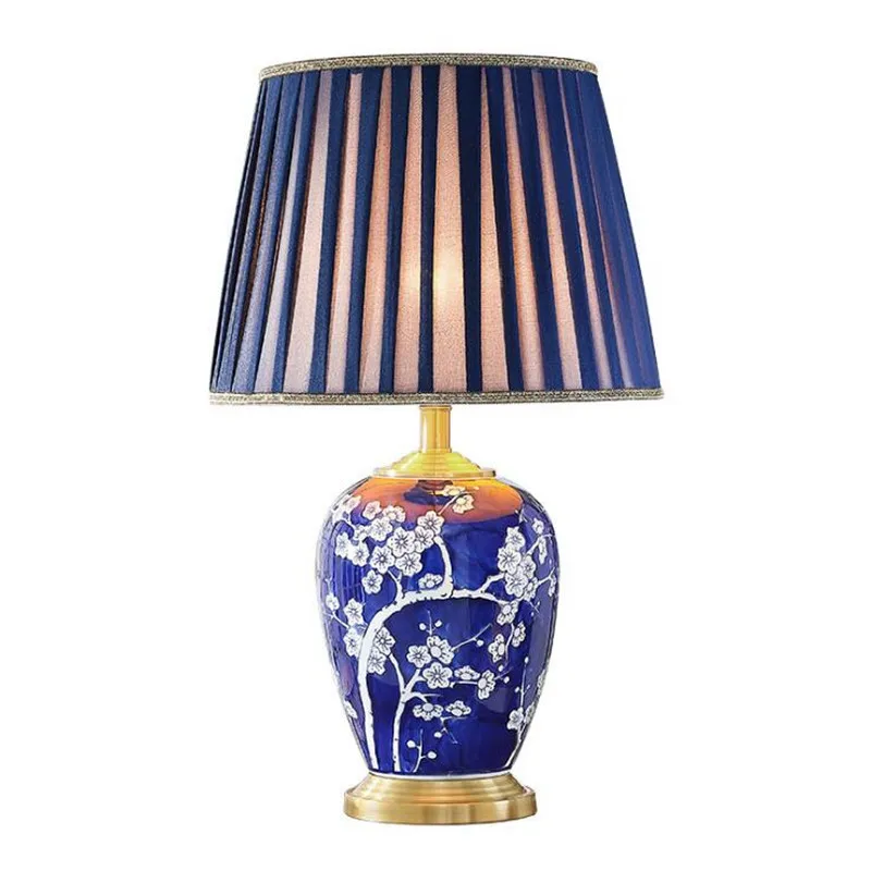 

High End Chinese Plum Blue Ceramic Dimmer Table Lamp for Foyer Bedside Parlor Decor Desk Reading Light H 62cm 2552