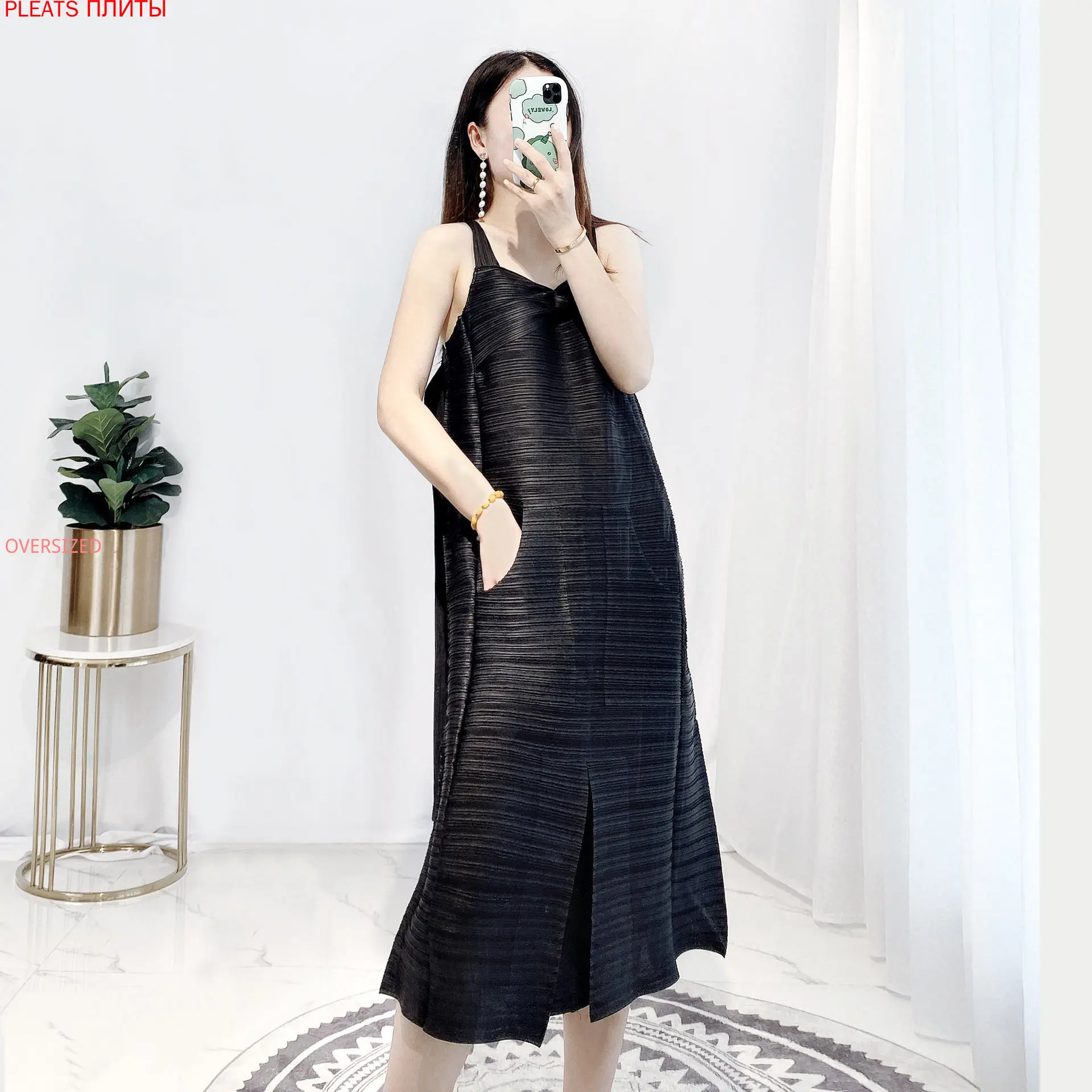 

Miyake, однотонное базовое платье, летнее, новое, стильное, тонкое, модное, с квадратным вырезом, на бретельках, длинное, женское платье со склад...