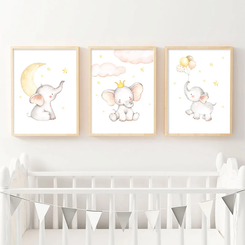 

HD Print Nordic Posters Cartoon Elephant Moon Star Baby Animal Nursery Poster Child Canvas Simple Wall Art For Kid Room Painting