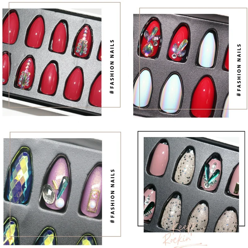 

24 Pieces of Finished Nail Art Patches Gift Box with Pointed Wear Nails Removable Bridal Fake Nails Nail Supplier