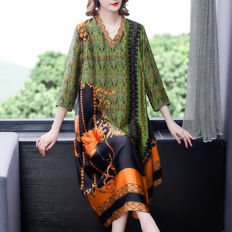 

Spring and Summer 2021 Chinese Wind Restoring Ancient Ways of Printing Long Female Mulberry Silk Silk Dress Is Loose