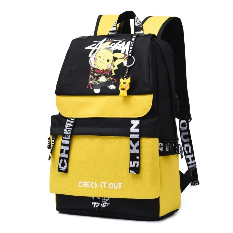 Action Large Pikachu Backpack with USB Charge Line Student Schoolbag Cute Cartoon Pikachu Couple Bags Quality Canvas Bag Gift