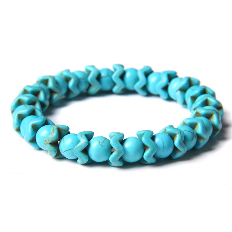 Браслет волнистый из голубой бирюзовый камня для мужчин и женщин круглые