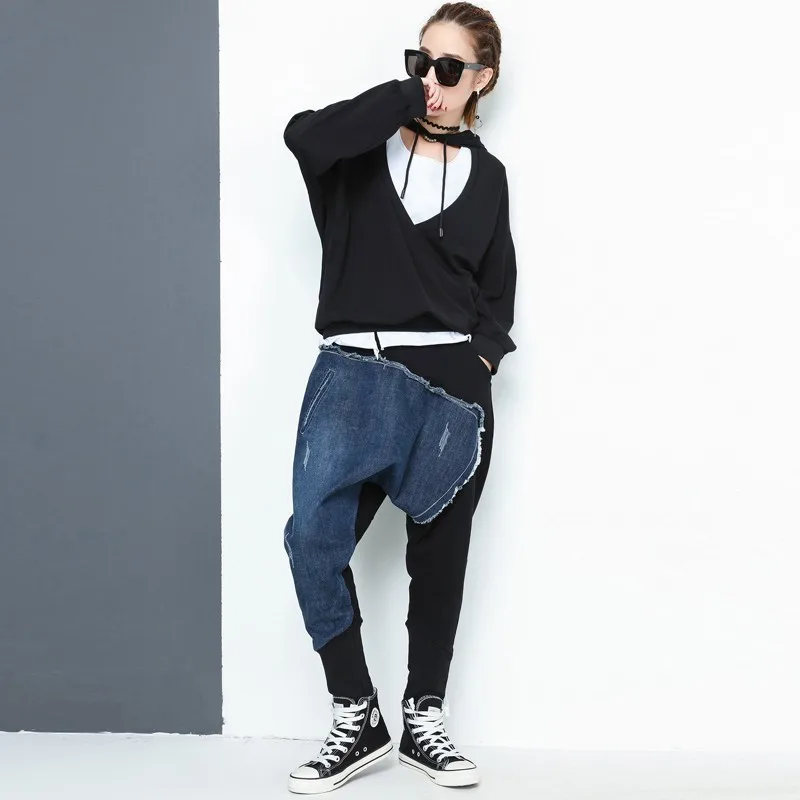 

Autumn New Women Fashion Harajuku Denim Spliced Harem Trousers Hip Hop Baggy Pants Female Streetwear Pantalon Mujer