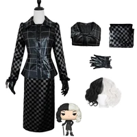 2021 new cruella demon cosplay for adult leather coat skirt black slim plaid jacket woman elegant dress suits movie costumes