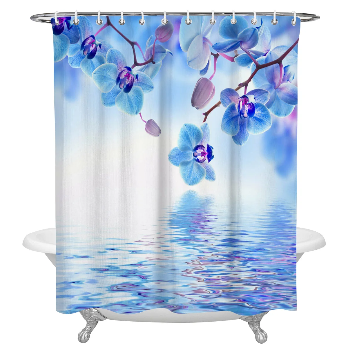 

Flowers Watercolor Beautiful Waves Blue Petals Waterproof Shower Curtain Home Bath Decorative Polyester Fabric Bathroom Curtain