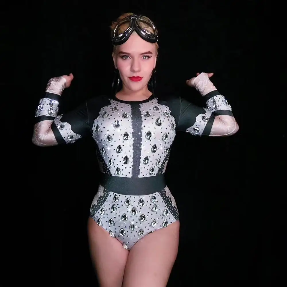 Big Rhinestones Long Sleeve Bodysuit Elastic Crystals Bodysuits Bar Nightclub DJ Singer Dancer Tight Costume Leotard Stage Wear