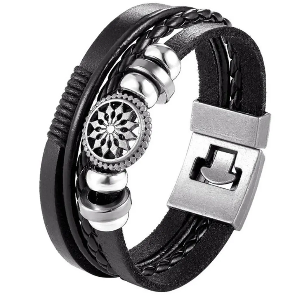 

Мужской плетеный браслет из ПУ кожи, с листьями дерева