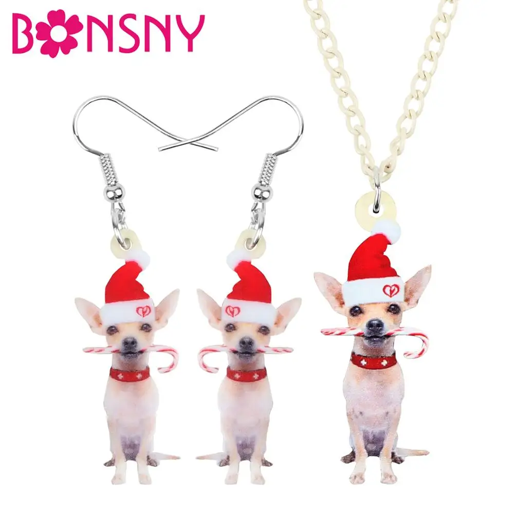 

Bonsny Acrylic Christmas Hat Chihuahua Dog Candy Cane Jewelry Sets Necklace Earrings Animal Jewelry For Women Girl Teen Kid Gift